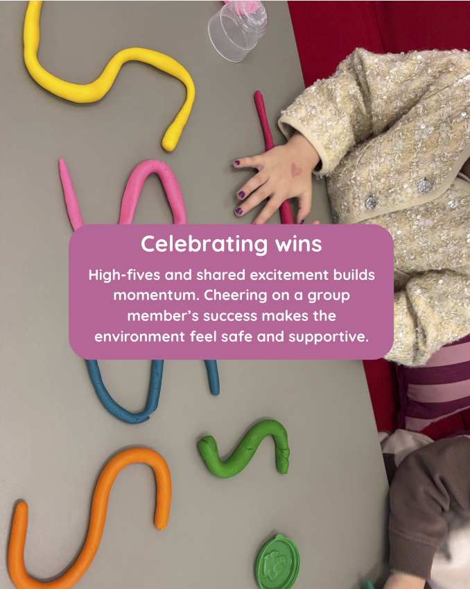 Child forming letters with play dough, with the caption "Celebrating wins"