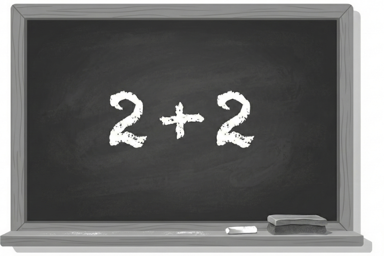 Blackboard with the math problem 2 + 2 written in white chalk.