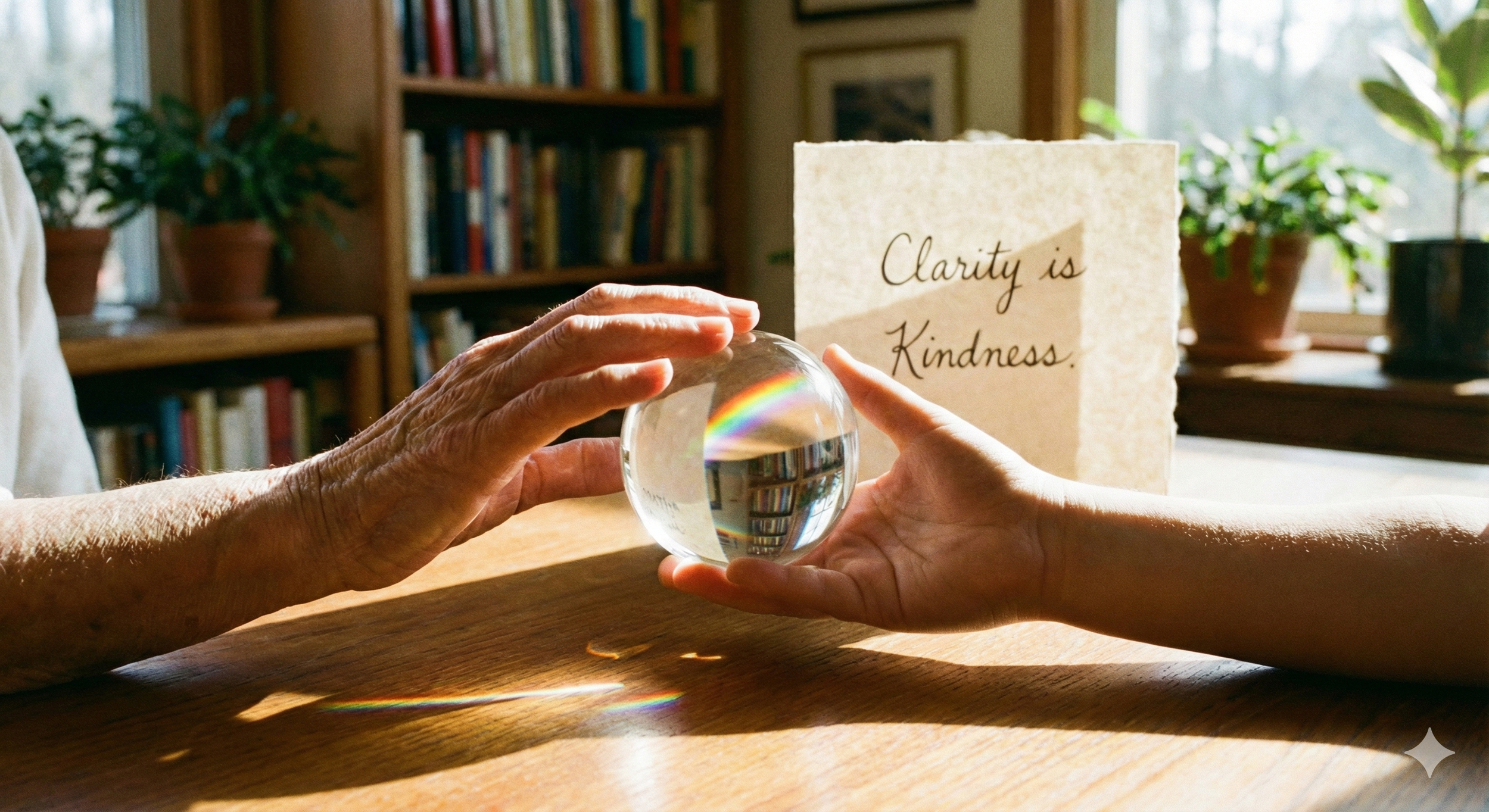 Two hands holding a glass sphere with a rainbow reflection, with a sign in the background that reads 'Clarity is Kindness,' and a bookshelf and potted plants by a window.