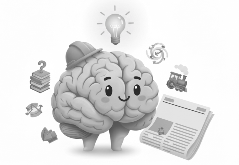 Cute cartoon brain wearing a construction helmet, surrounded by icons of a question mark on a book, a light bulb, a rotating arrow, a tractor, and a newspaper.