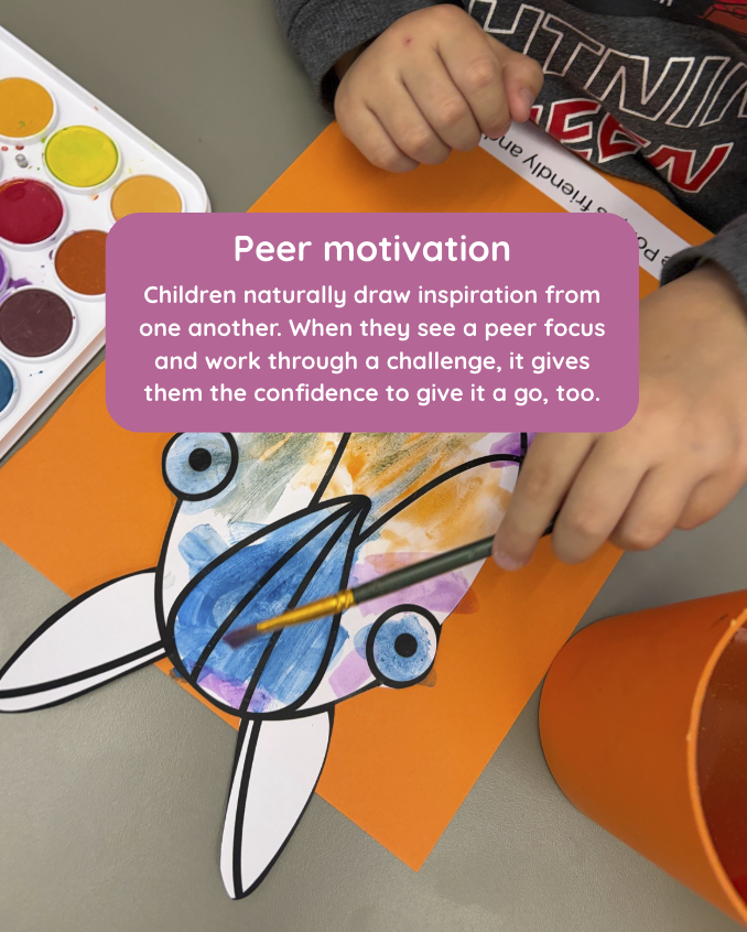 Children painting a fish craft together, with the caption "Peer motivation"