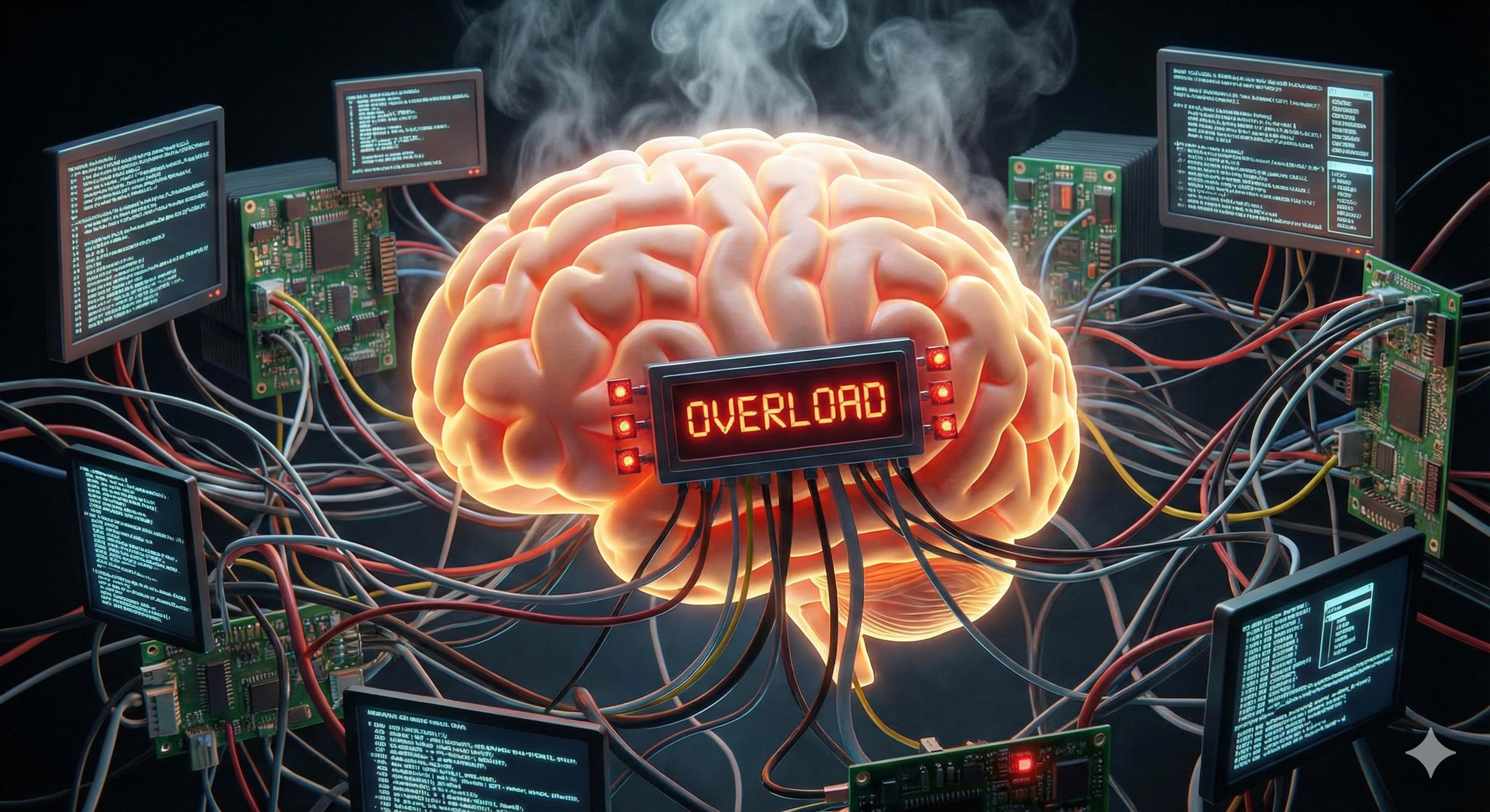 A digital illustration of a human brain connected to multiple circuit boards and monitors, with a sign reading 'OVERLOAD' in the center.