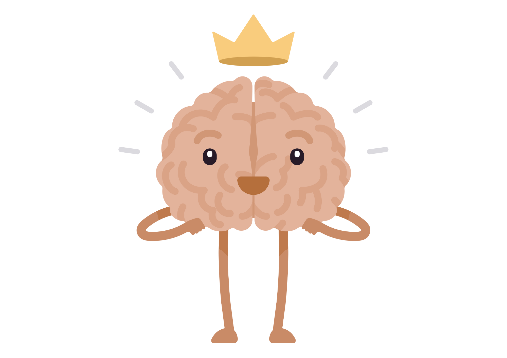 Cute cartoon brain with a smiling face, arms, and legs, wearing a golden crown, fairy lights around, on a black background.