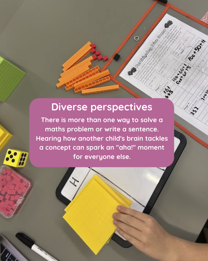 Children working on a maths problem with paddle-pop sticks, with the caption "Diverse perspectives"