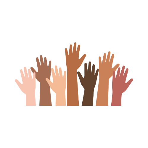 Multiple raised hands of different skin tones against a white background.