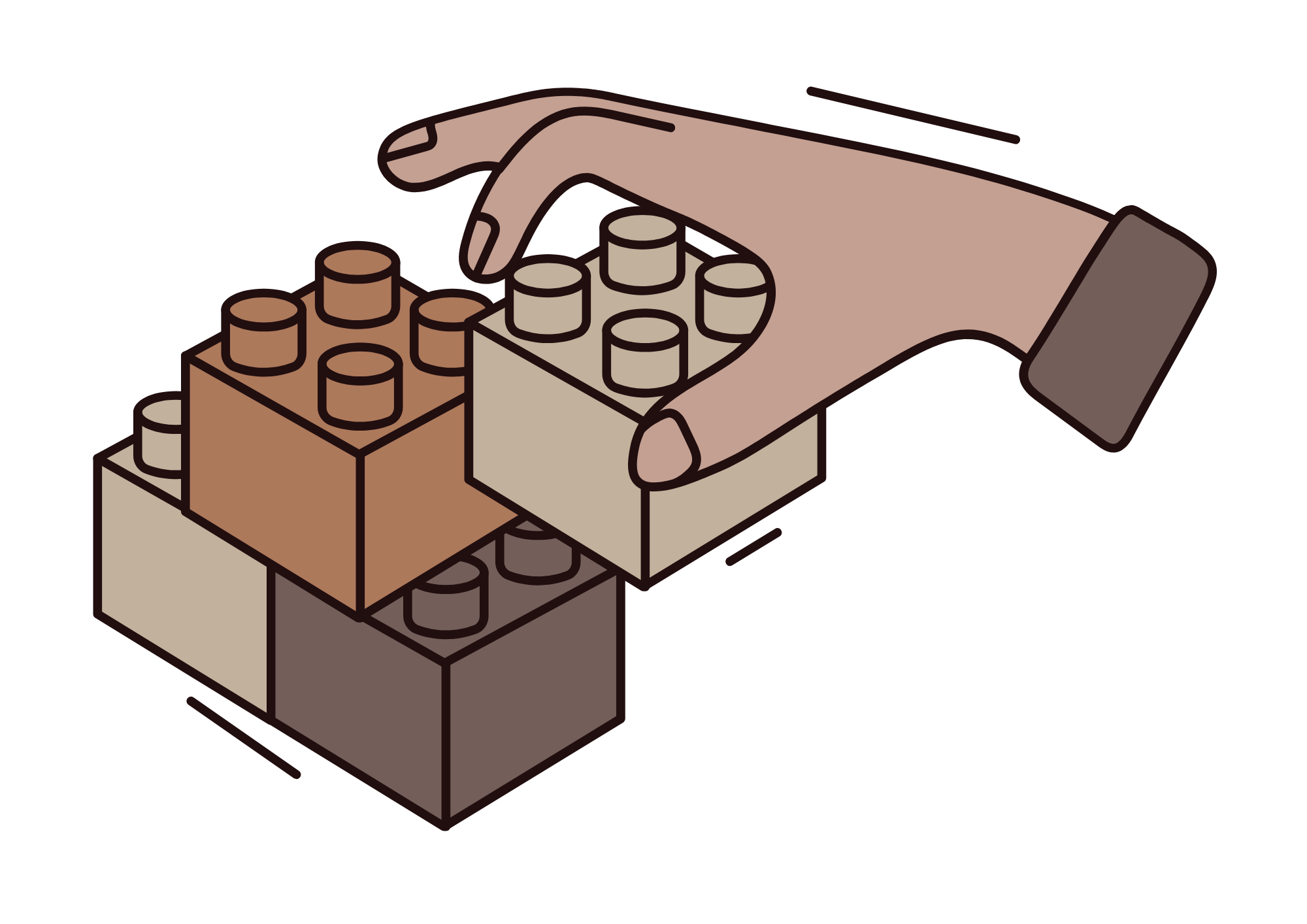 A digital illustration of a hand stacking building blocks that look like LEGO bricks.