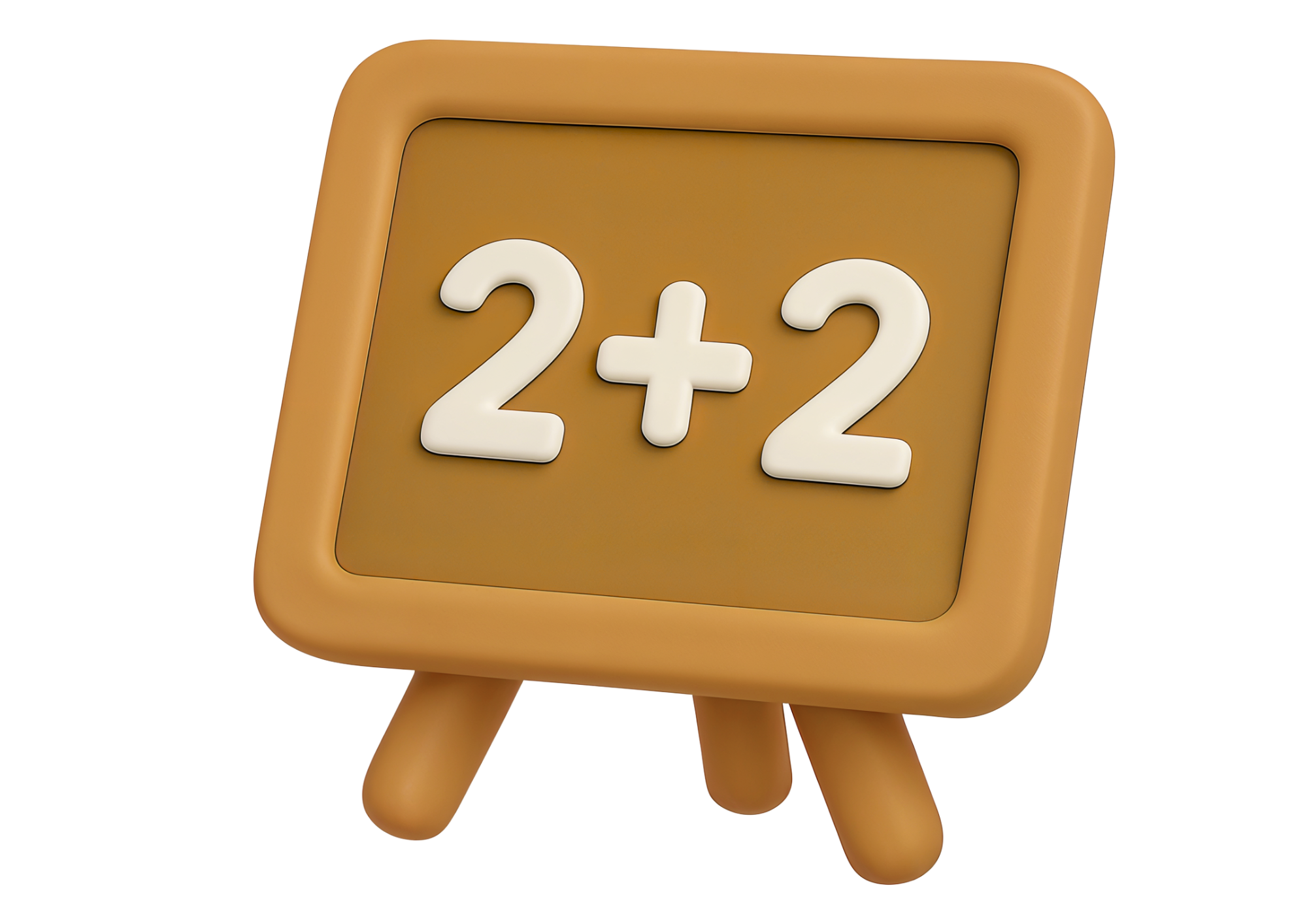 A digital toy chalkboard with a brown border and brown stand, displaying the math problem 2+2 in white numbers and symbols.