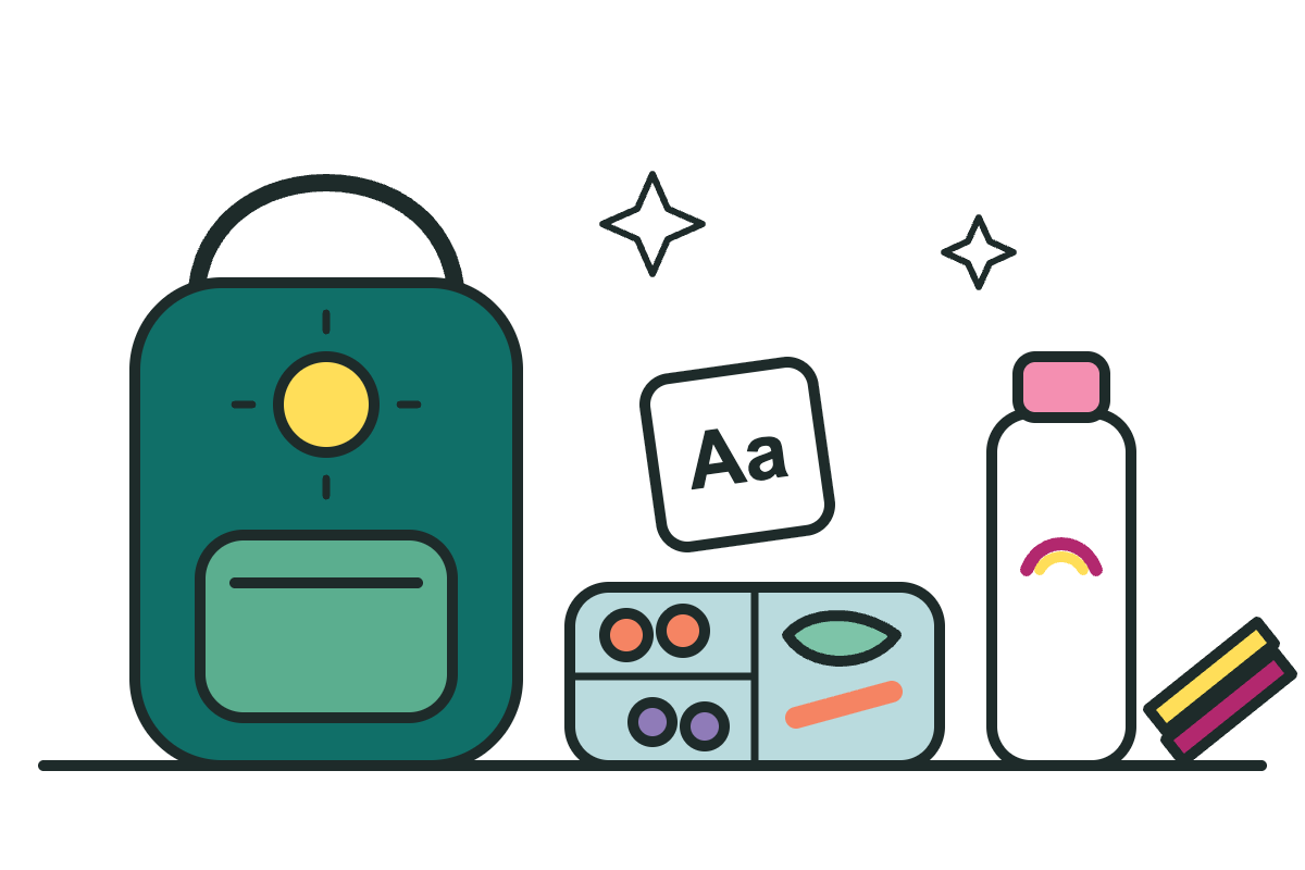 Illustration of a school bag, lunchbox and drink bottle for Pre-Prep school readiness