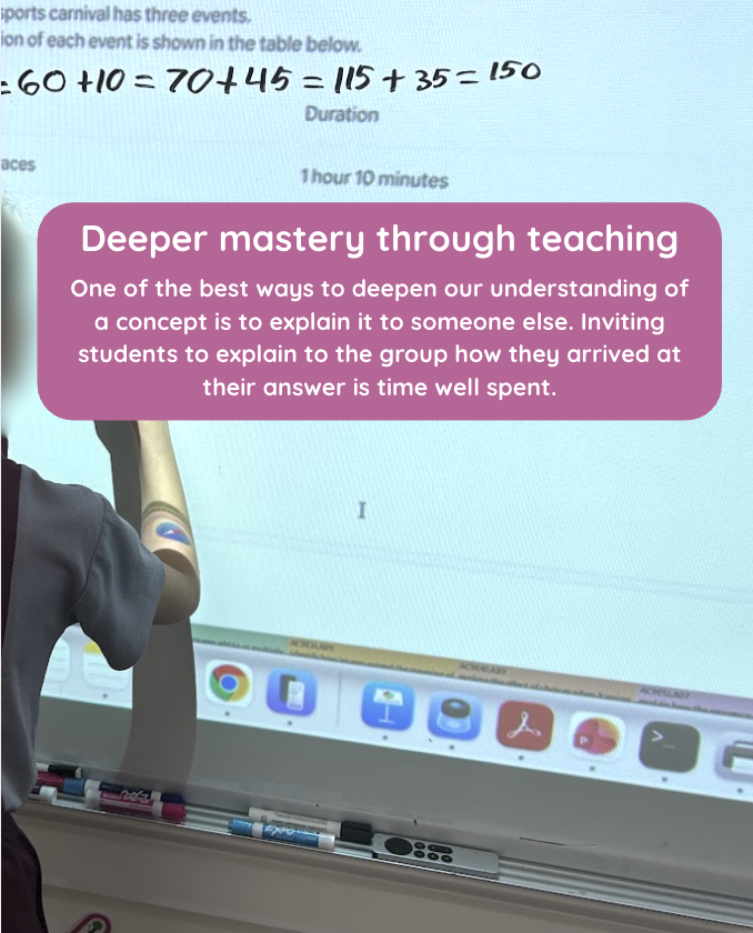 Student explaining a maths equation on the interactive whiteboard, with the caption "Deeper mastery through teaching"