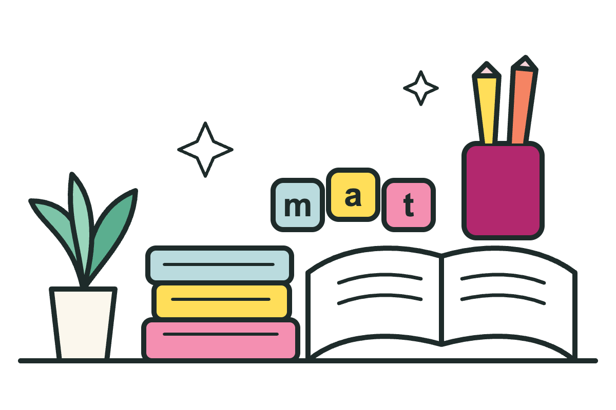Illustration of books, pencils and letter blocks spelling "mat" for literacy tutoring