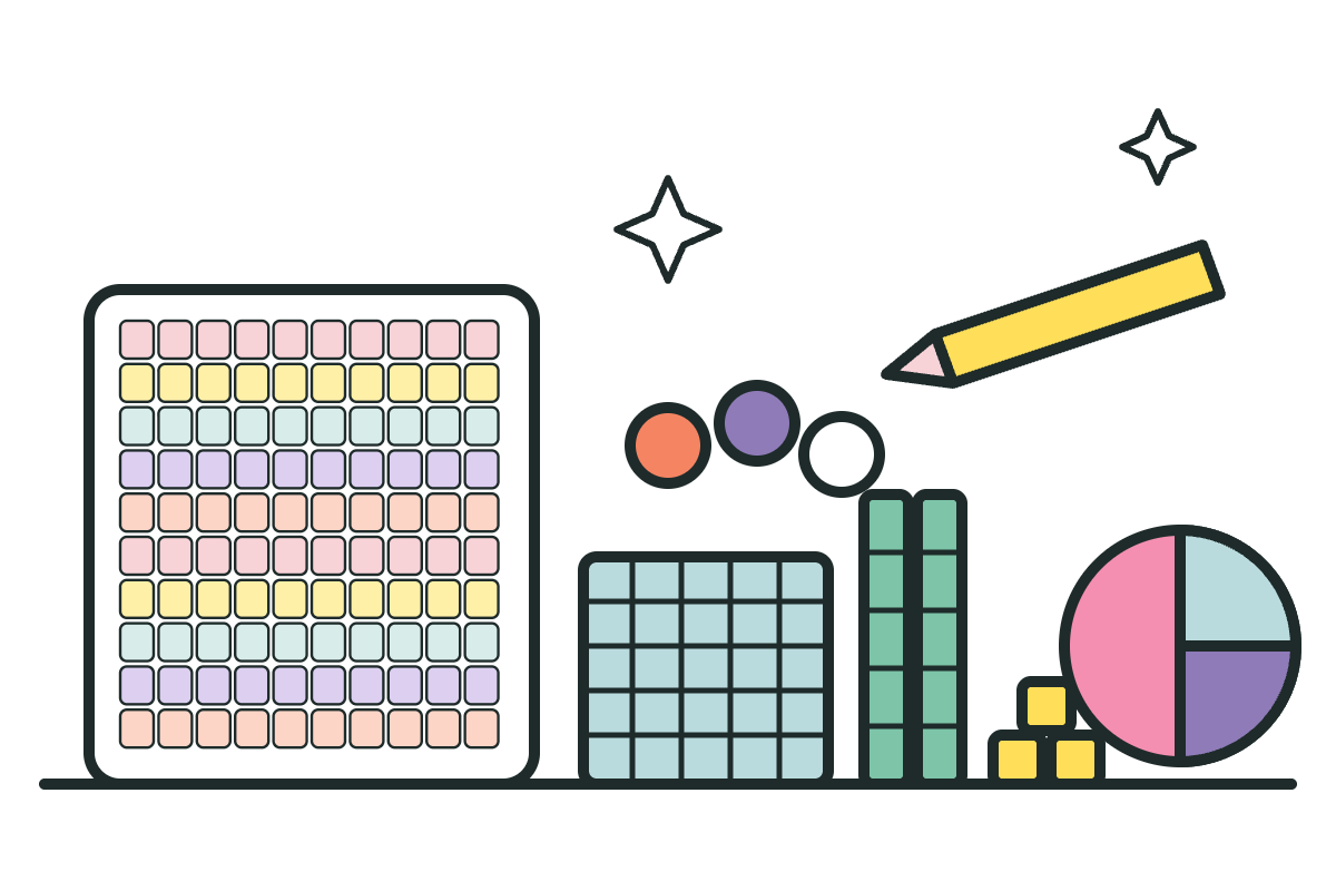 Illustration of a hundreds chart, counting shapes and a pie chart for maths tutoring