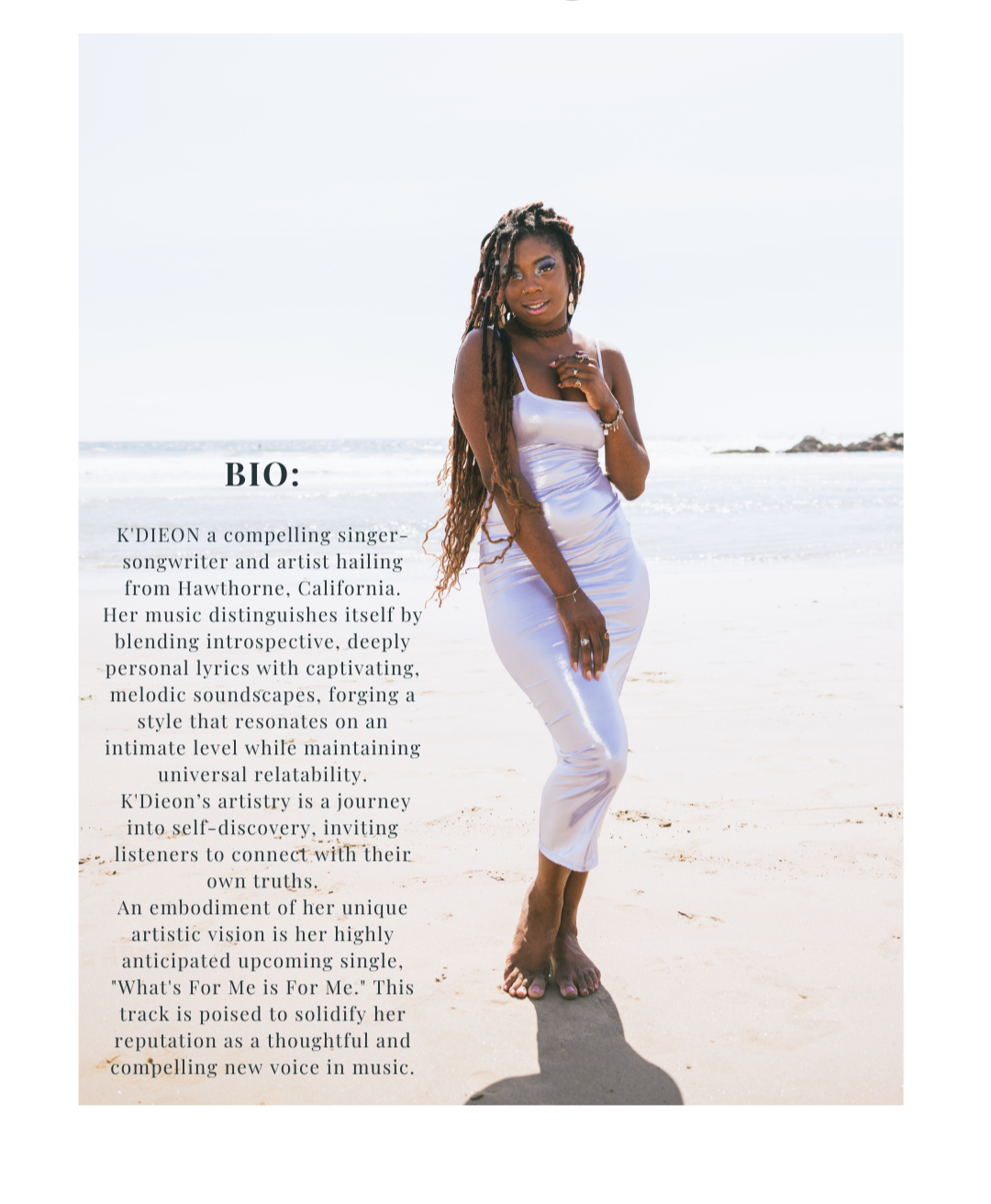 Photo of a woman standing on the beach in a white satin dress, with long dreadlocks, jewelry, and a confident expression, with text describing her bio and music career.