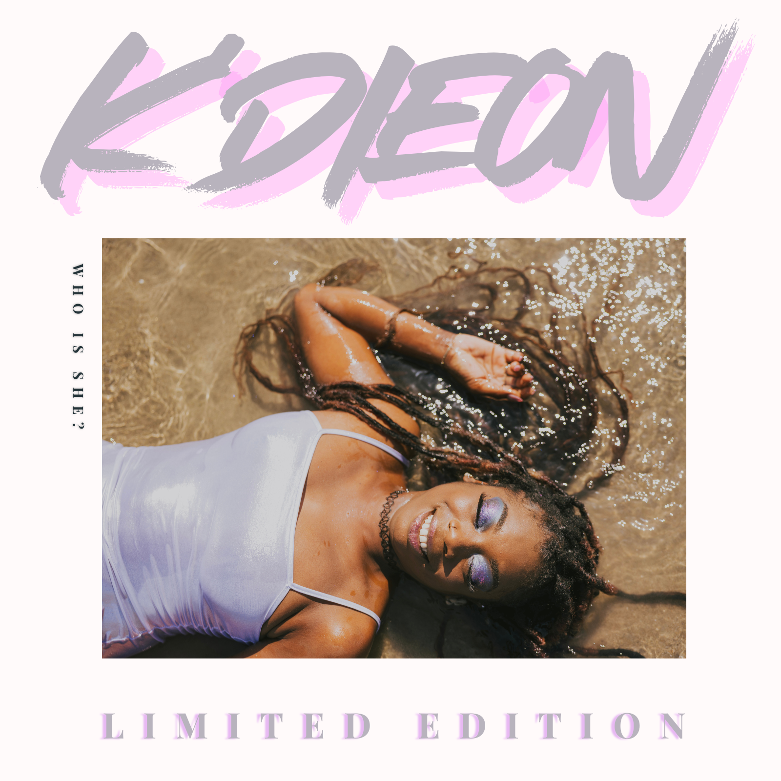 A woman with braided hair and purple eyeshadow lying on the sand with her eyes closed, wearing a white tank top, with water around her. The image features stylized text that reads "KDEON" in large, expressive letters at the top and "Limited Edition" at the bottom, with additional small text on the left side asking "Who is she?".