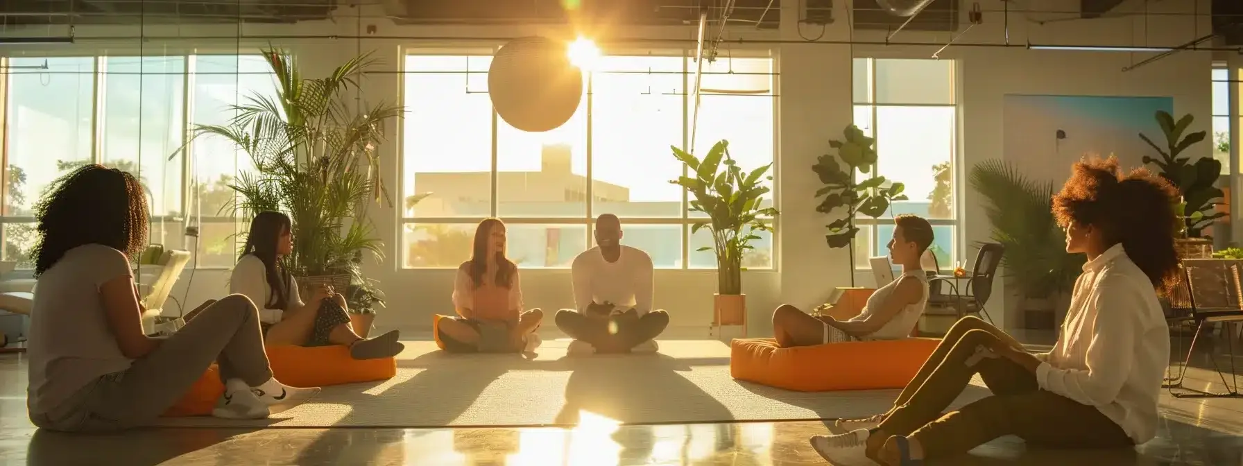 Group of people sitting on the floor in a circle during a discussion in a bright, sunny room with large windows and indoor plants.