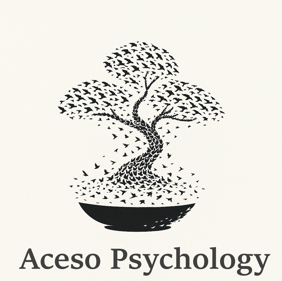 A stylized black and white illustration of a tree with swirling branches and leaves, with a half-circle base, and the text "Aceso Psychology" underneath.