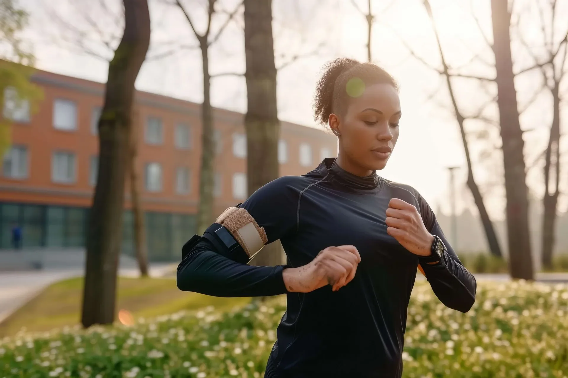 A woman running outdoors in a park during sunset, wearing black athletic clothing and a smartwatch.