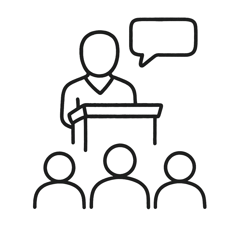 Line drawing of a speaker at a podium addressing three audience members with a speech bubble above the speaker.