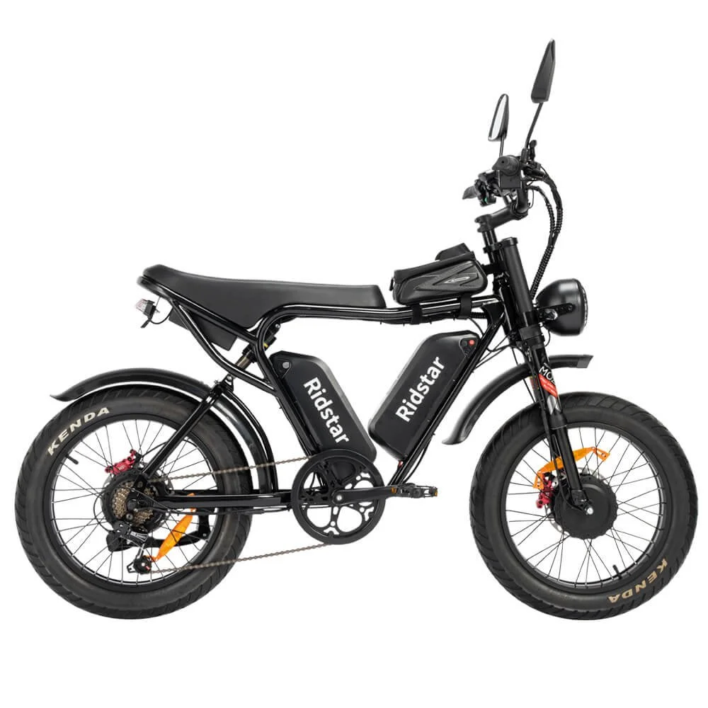Ridstar Q20 Pro electric bike parked in snowy field – winter eBike sale USA, shocks, dual battery 52v