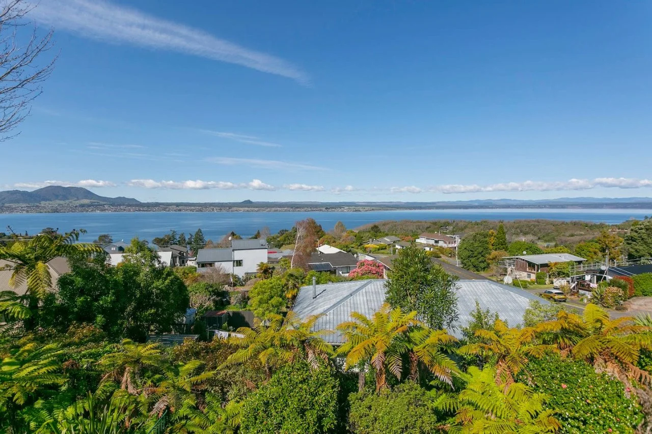 View of a residential neighborhood with houses, trees, and lush greenery overlooking a large body of water under a blue sky with some clouds.