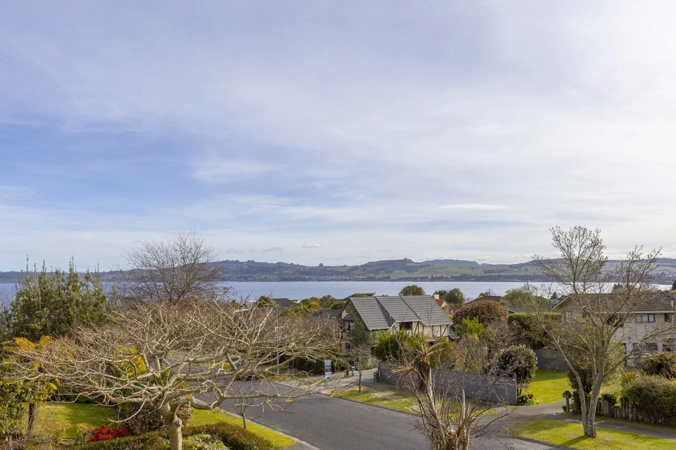 Suburban neighborhood with trees, houses, and a body of water in the background under a partly cloudy sky.