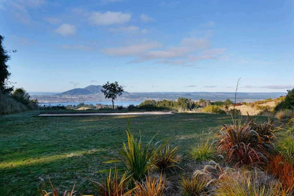 Scenic landscape with green grass, a few trees, and plants in the foreground. In the background, there is a body of water, a mountain, and a blue sky with some fluffy clouds.