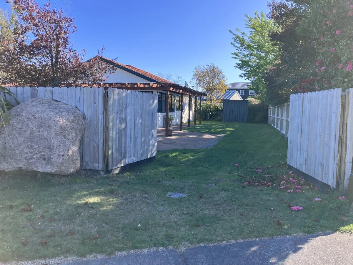 Backyard scene with a white fence, a large rock to the left, trees with pink blossoms, a small blue shed, a shaded patio area, and a well-maintained grassy yard under a clear blue sky.