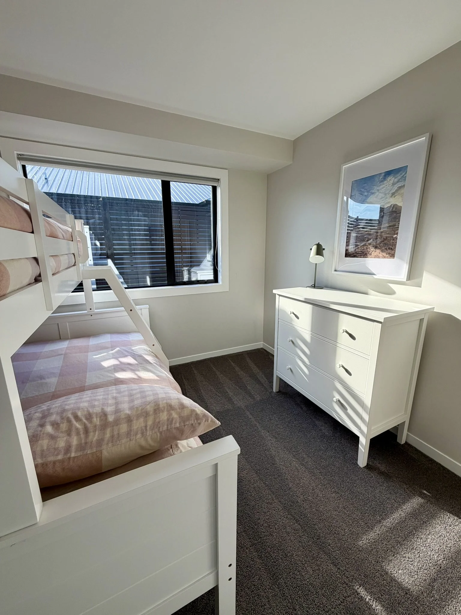 A small bedroom with a bunk bed, a window letting in sunlight, a white dresser with a lamp, a framed landscape photograph, and carpeted flooring.