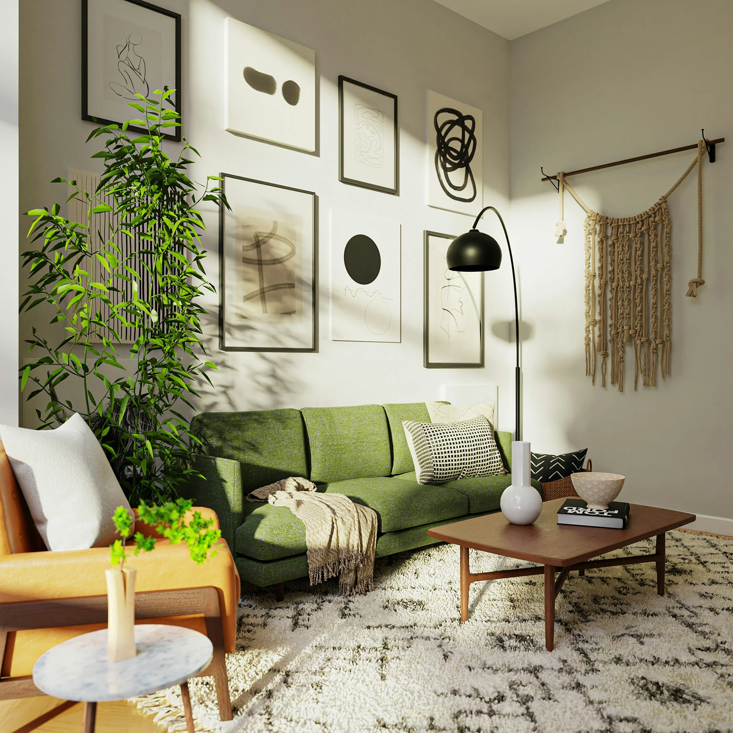 Cozy living room with green sofa, framed wall art, a tall plant, macramé wall hanging, black floor lamp, and beige rug.