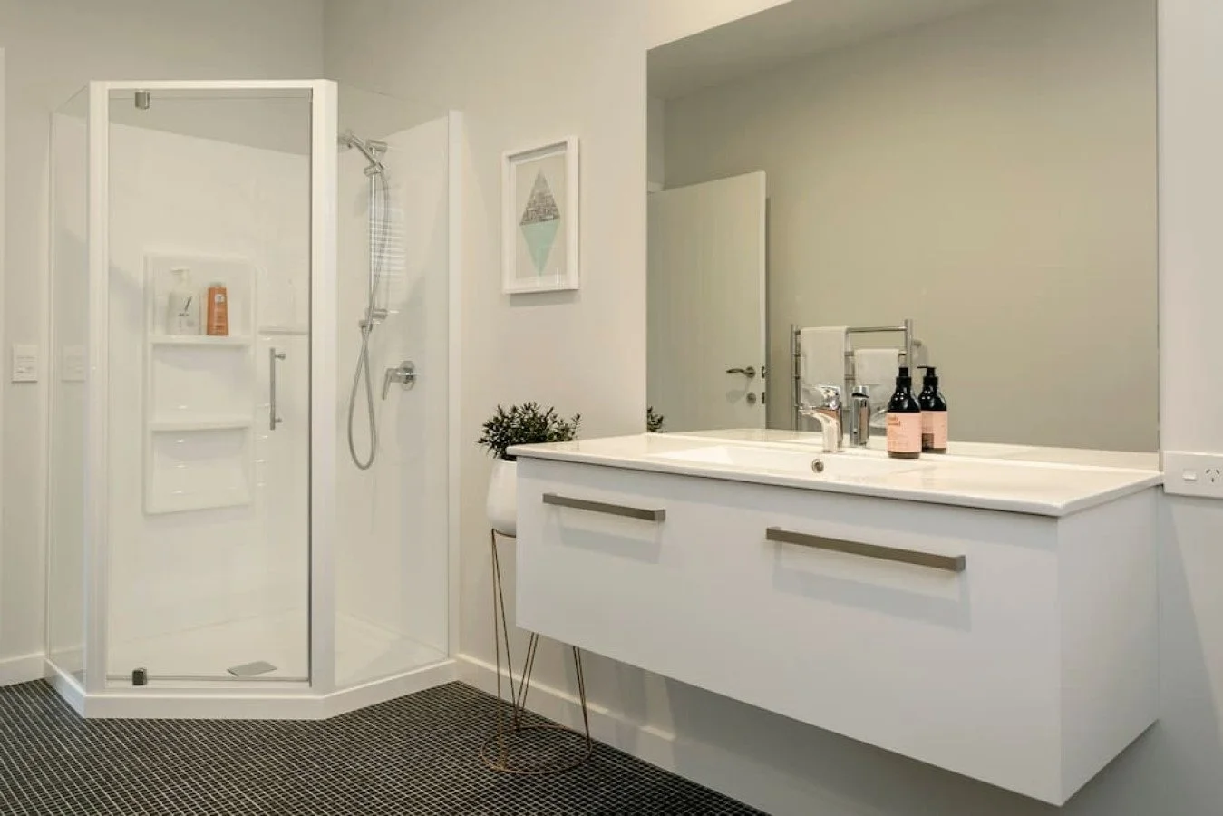 Modern bathroom with a glass shower enclosure, a white vanity with a large mirror, and minimal decor including a framed picture, a small plant, and two soap bottles.