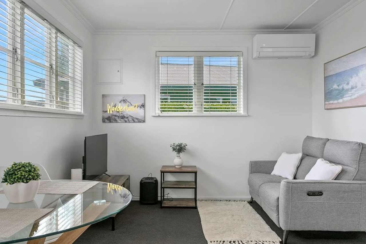 Living room with white walls, two large windows with white blinds, a gray sofa with two white pillows, a small wooden side table with a vase of green plants, a flat-screen TV on a small table, a potted plant on the dining table, an air conditioning u