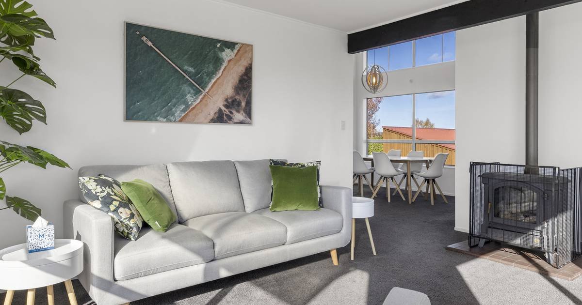 Living room with a light gray sofa, green and floral pillows, a small side table with tissue box, a large plant, wall art of an aerial view of the beach, and a dining area with a round table and four chairs. There is a window letting in natural light