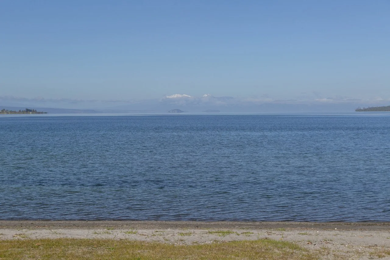 View of a large body of water, likely a lake or ocean, with a sandy and grassy shoreline in the foreground and distant mountains covered in snow on the horizon. Clear blue sky overhead.