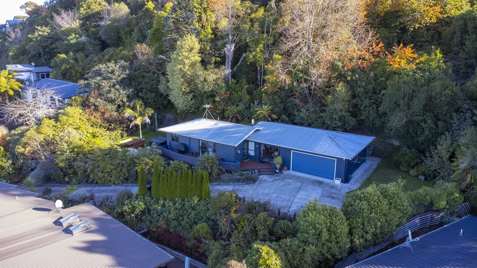 Aerial view of a blue house with a metal roof, surrounded by trees and landscaped garden, in a suburban neighborhood.