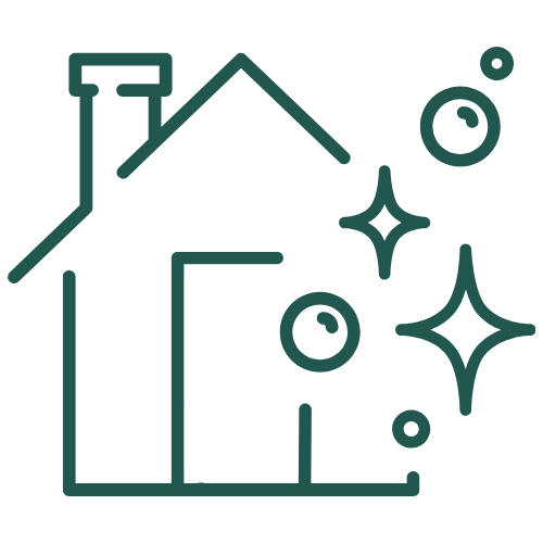 Stylized house drawing with sparkles and bubbles around it, representing cleanliness or freshness.