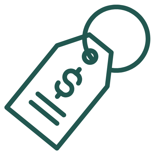 Line drawing of a price tag with a dollar sign, attached to a ring.