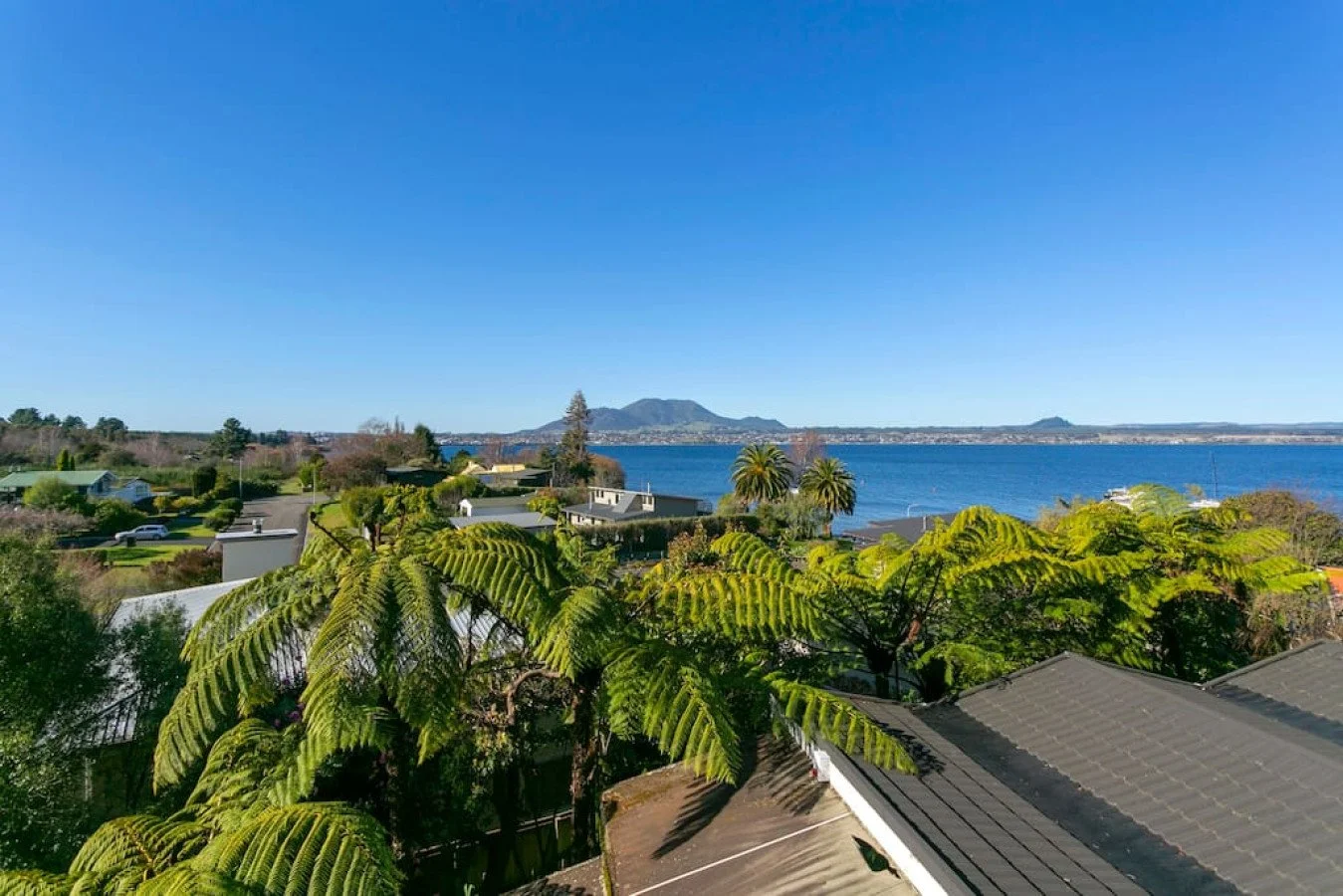 View of a lakeside residential area with greenery, palm trees, hills in the distance, and a bright blue sky