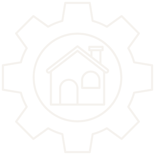 Line drawing of a house inside a gear symbol, representing home or housing within a mechanical or technical context.