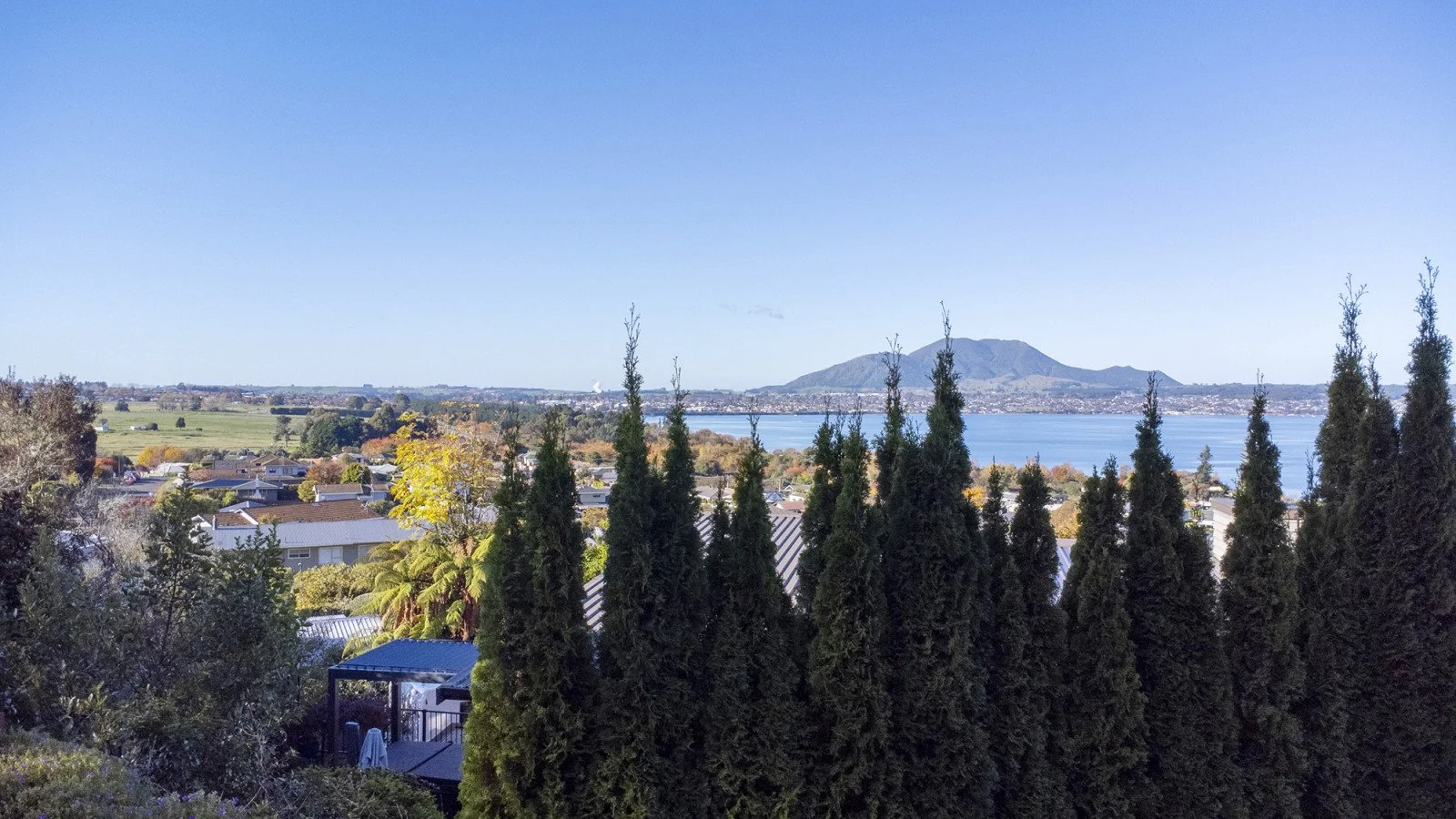 View of a lake with a mountain in the distance, surrounded by trees and houses in the foreground under a clear blue sky.