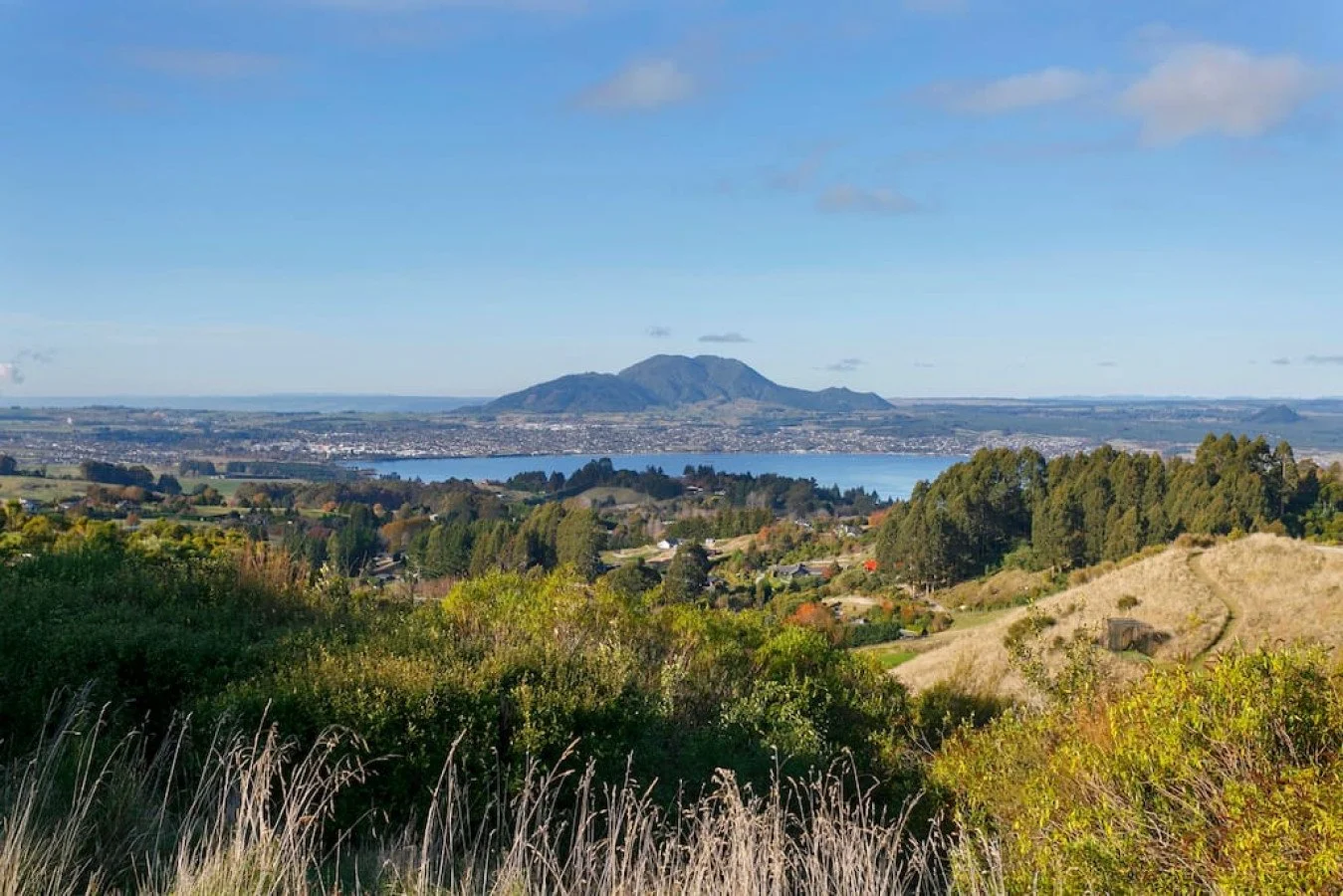 Scenic landscape with rolling hills, a distant mountain range, a lake, and a bright blue sky with some clouds.
