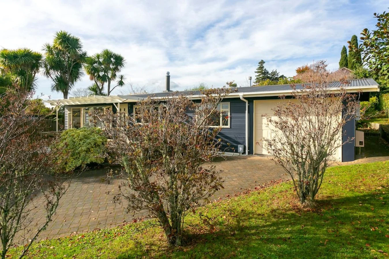 A suburban house with a blue exterior, white garage door, paved driveway, surrounded by leafless trees and greenery, with palm trees and a cloudy sky in the background.