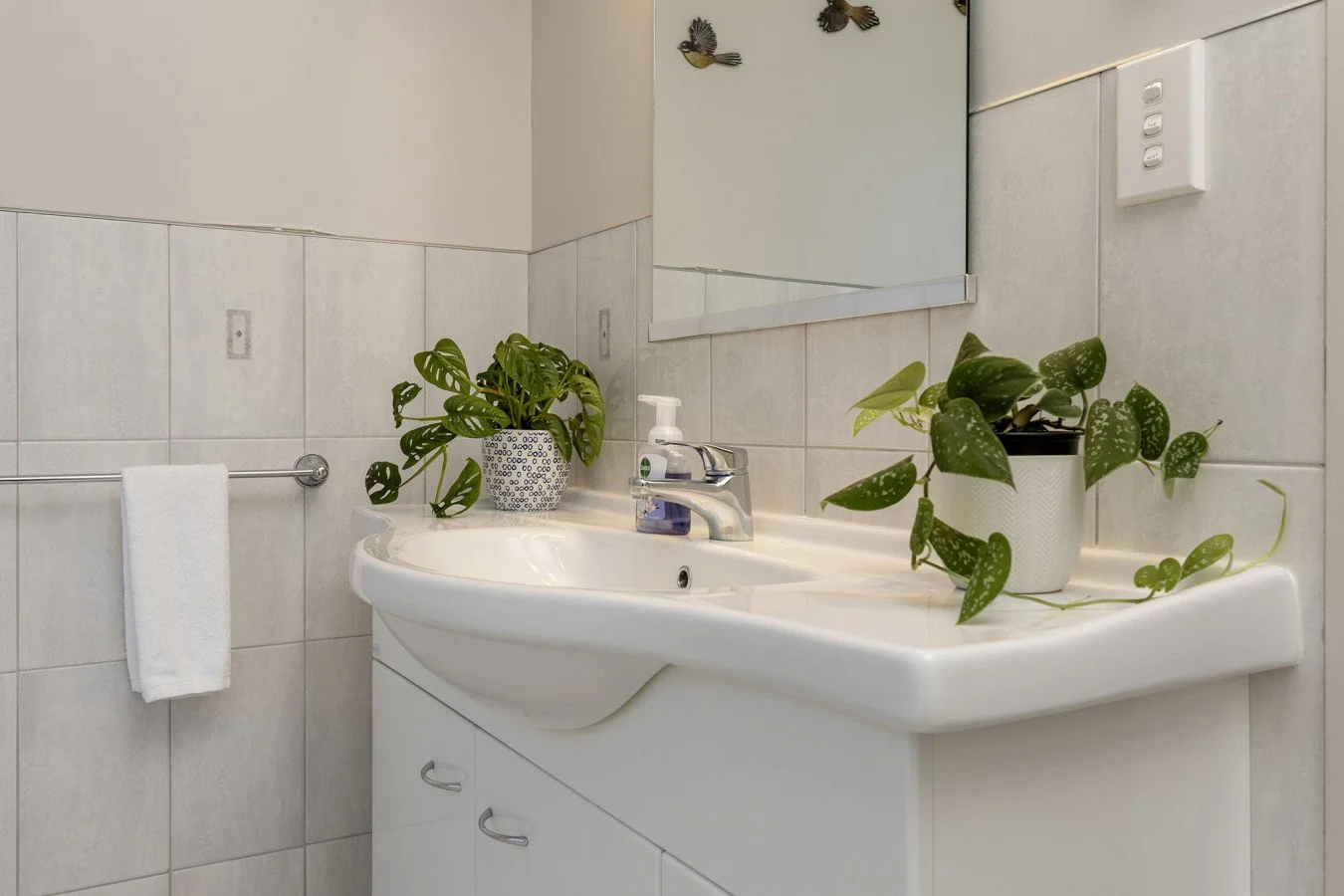 Bathroom sink with two potted green plants, a soap dispenser, a mirror, and a white towel on a towel rack.