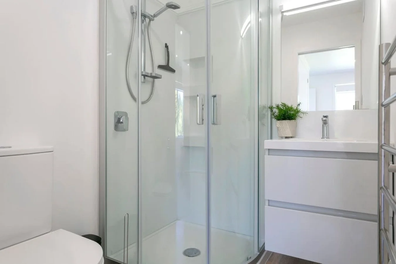 Modern bathroom with a glass-enclosed shower, white vanity with a mirror, a plant on the sink, and a white toilet visible on the left.