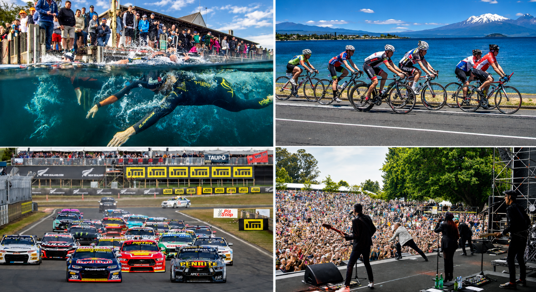 Taupō events collage featuring Ironman New Zealand, cycling events, motorsport, and a live outdoor concert with a large crowd.