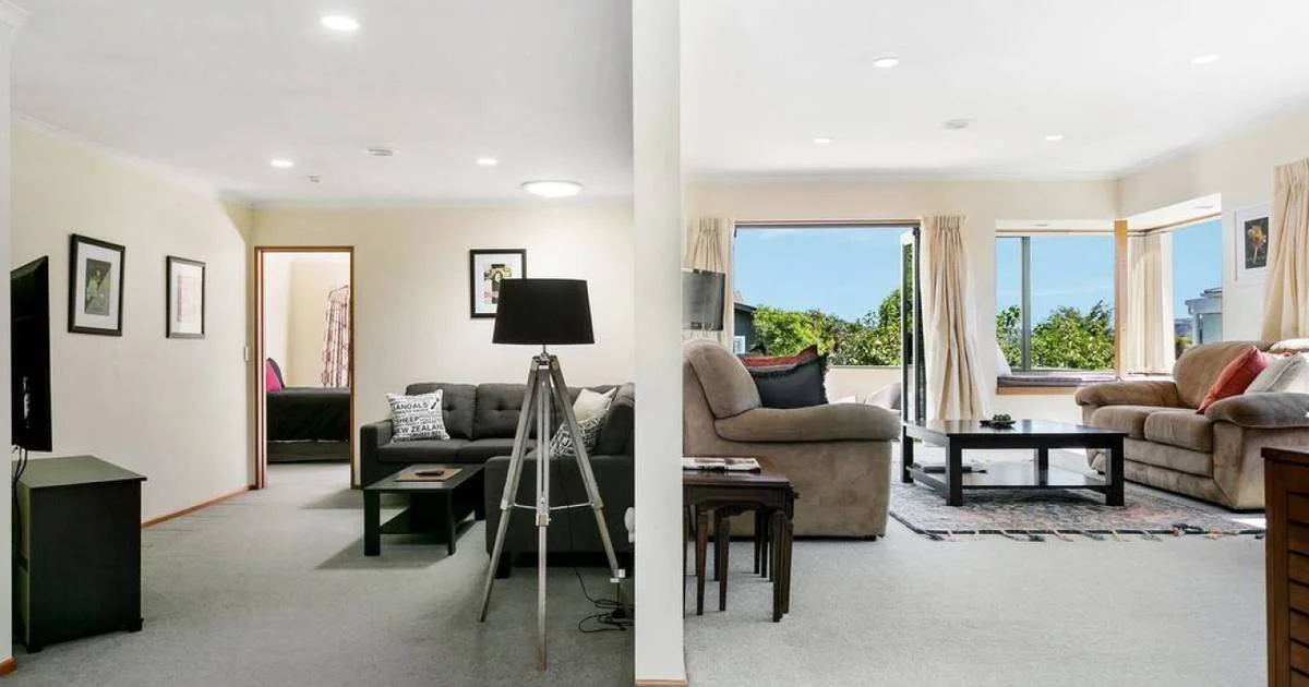 Side-by-side comparison of two living rooms, one with darker furniture and the other with lighter furniture, separated by a wall.