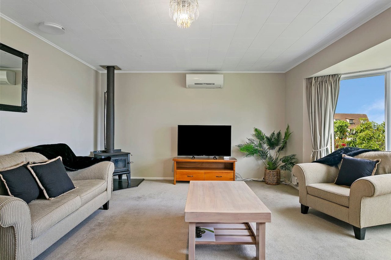 Living room with two beige sofas with black pillows, a wooden coffee table, a TV on a wooden stand, a green potted plant, a black stove, a mirror on the wall, a window with curtains, and an air conditioning unit on the wall.