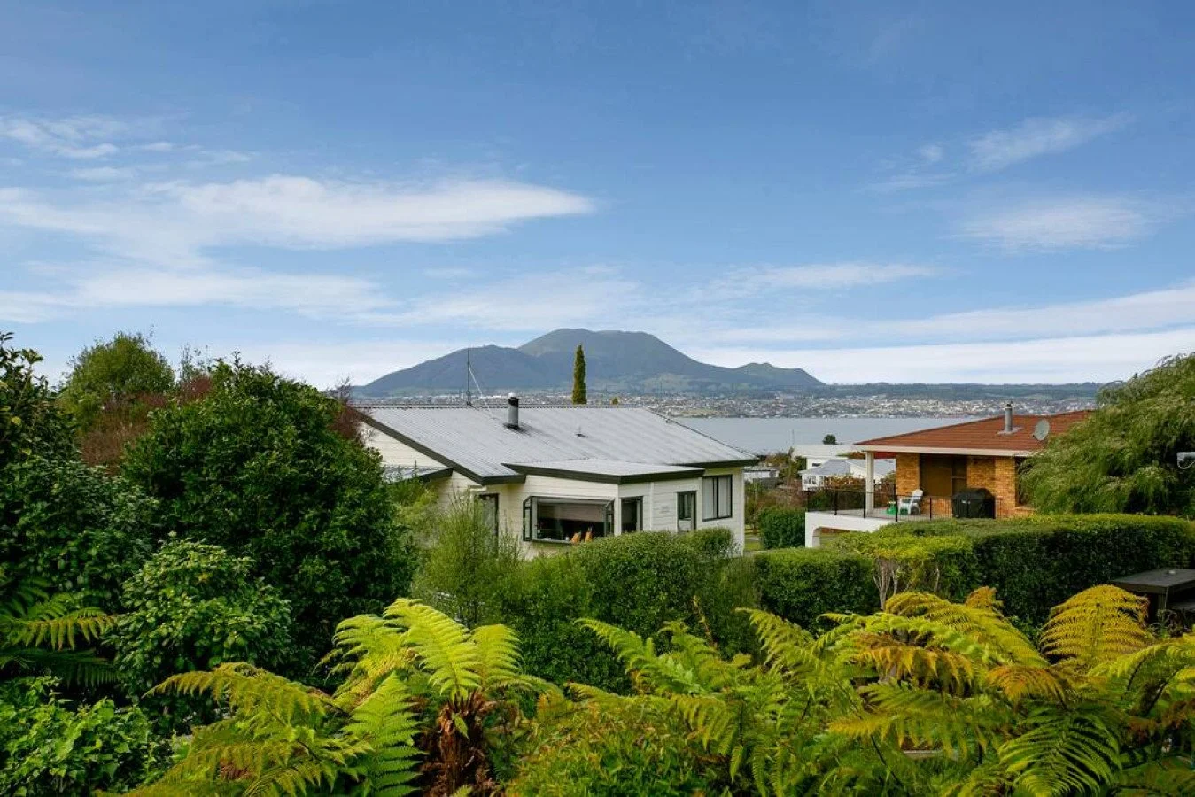 A suburban neighborhood with green trees and bushes, houses with different roof styles, and a mountain in the background under a partly cloudy sky.