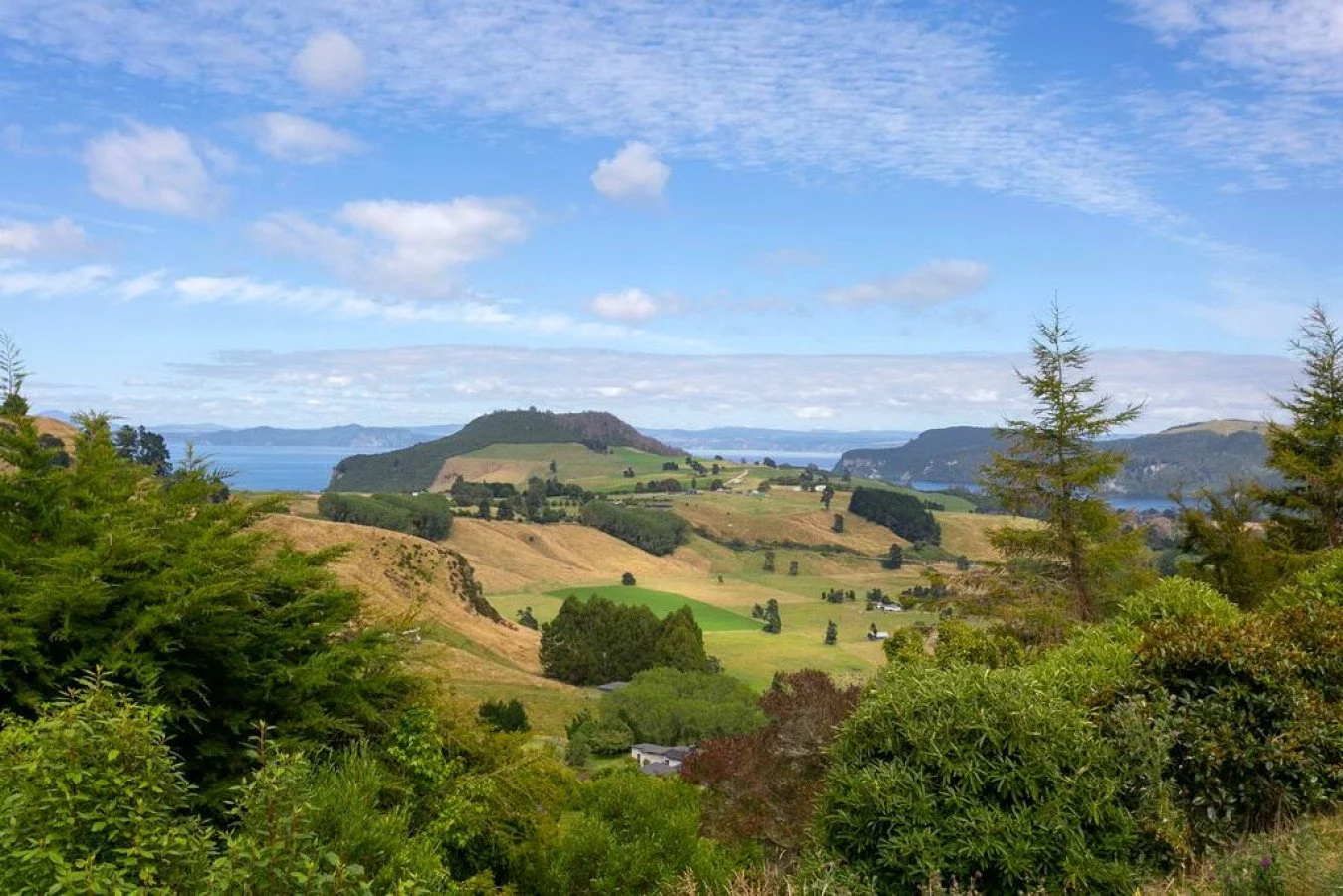 A scenic landscape of rolling green hills, trees, and distant water with a partly cloudy sky overhead.