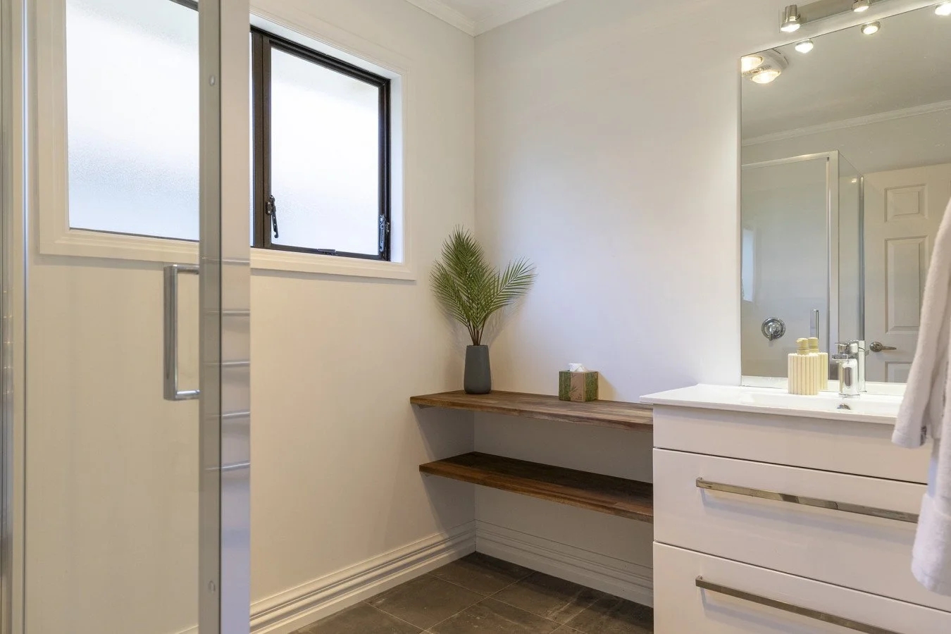 A modern bathroom with a frosted window, white walls, a wooden shelf with a green plant, and a white vanity with a mirror and soap dispenser.