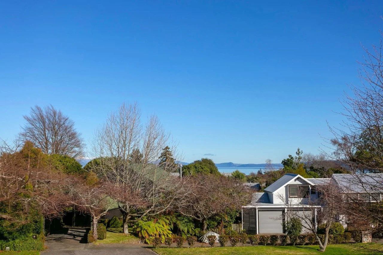 A suburban neighborhood with trees, houses, and a clear blue sky, and distant water in the background.