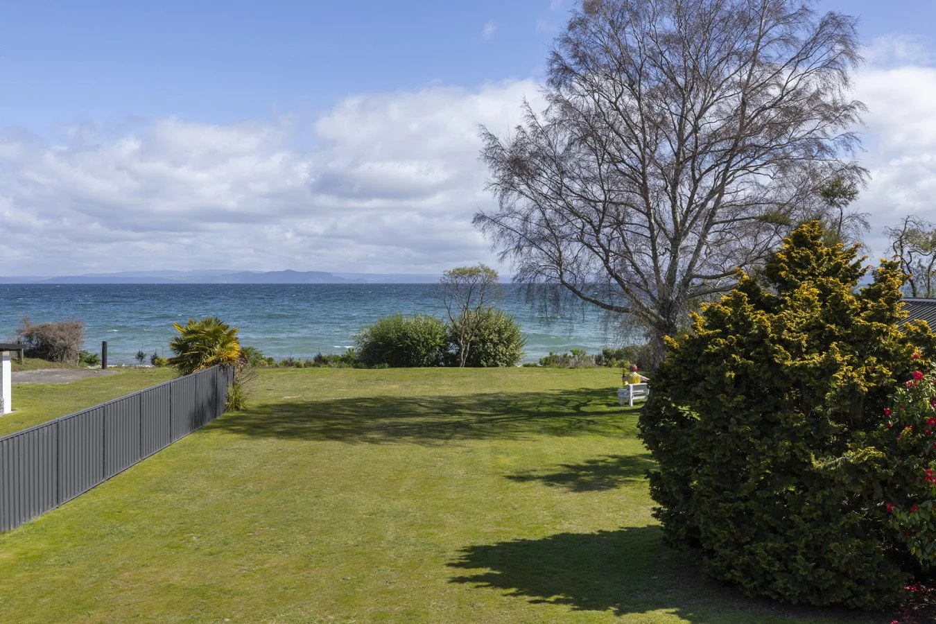 A backyard with green grass and plants, a black fence, a large leafless tree, and a view of the ocean with distant islands under partly cloudy skies.